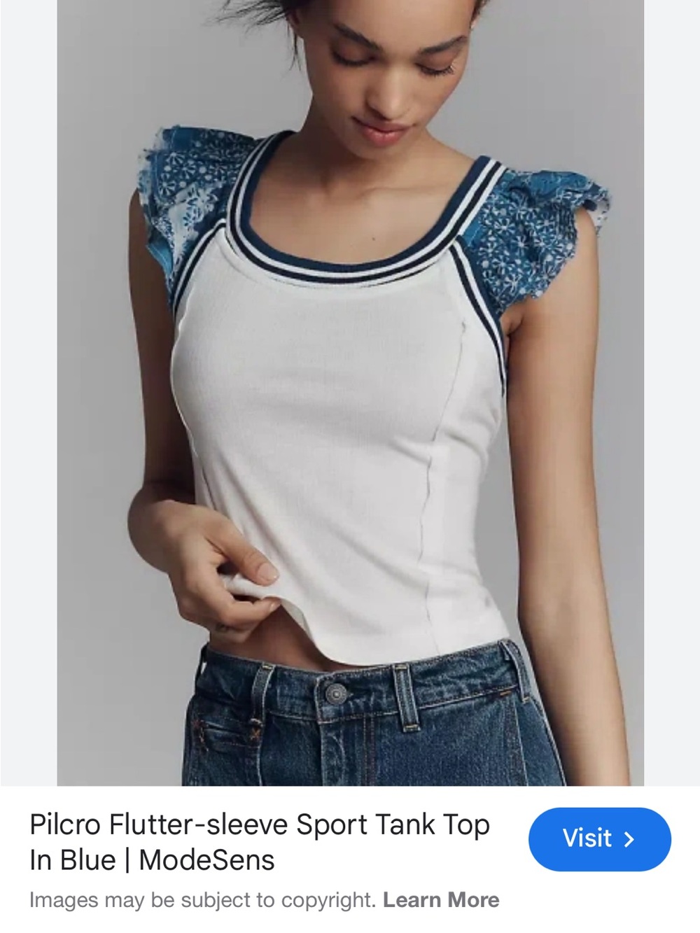 Pilcro White Tank with Blue Floral Flutter Sleeves